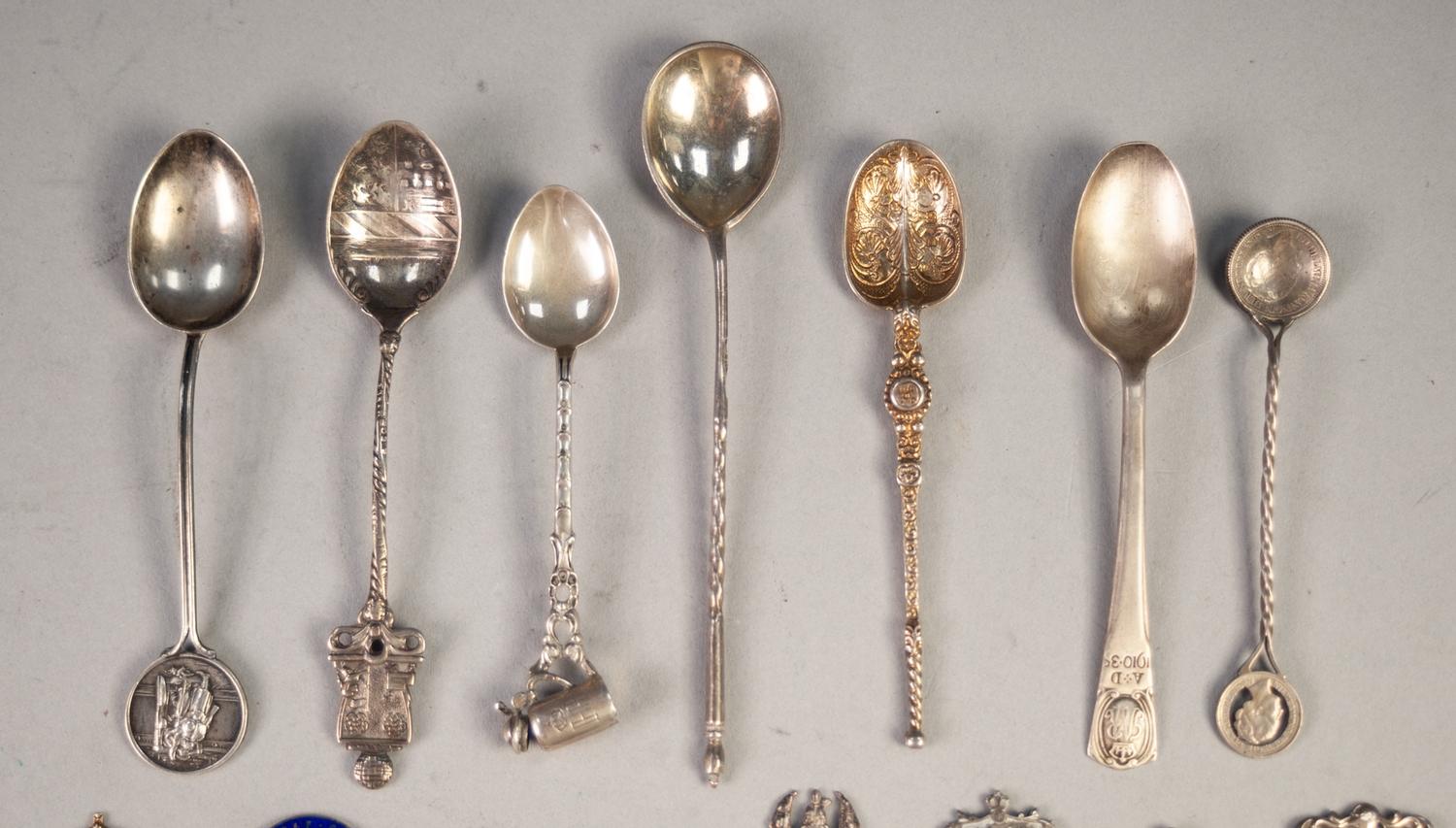 EIGHT SILVER AND ENAMEL SOUVENIR SPOONS includes 1953 Coronation example the bowl showing bust of - Image 2 of 3