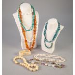 AMBER CHIP BEAD NECKLACE, TWO TURQUOISE CHIP BEAD NECKLACES, A NECKLACE OF VARIOUS HARDSTONE