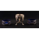 PAIR EARLY 20th CENTURY SILVER COLOURED METAL OVAL SALTS the Adam style frame supporting blue