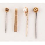 9ct GOLD TIE SLIDE, A CULTURED PEARL STICK PIN AND TWO OTHER STICK PINS, 8.63g gross (4) Good