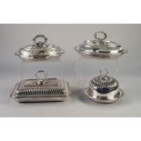 TWO ELECTROPLATED OVAL ENTREE DISHES, an oblong DITTO and a plated MUFFIN DISH