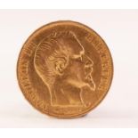 NAPOLEON III FRENCH 20 FRANC GOLD COIN, 1858 (F), 6.4gms
