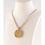 CAYMAN ISLAND 14K GOLD FANCY BOX LINK CHAIN NECKLACE 22" long, 17.8gm and the coin pendant in the