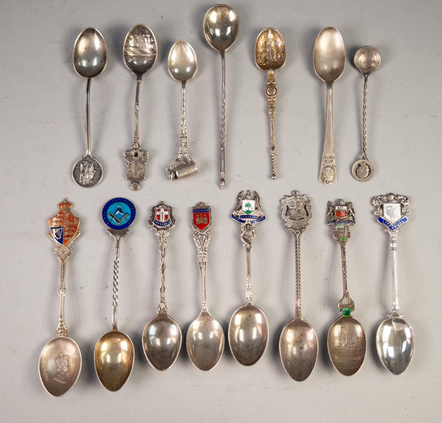 EIGHT SILVER AND ENAMEL SOUVENIR SPOONS includes 1953 Coronation example the bowl showing bust of