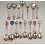 EIGHT SILVER AND ENAMEL SOUVENIR SPOONS includes 1953 Coronation example the bowl showing bust of