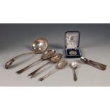 GEORGE V SET OF SIX SILVER TEASPOONS, with bellflower embossed tops, Birmingham 1945, together