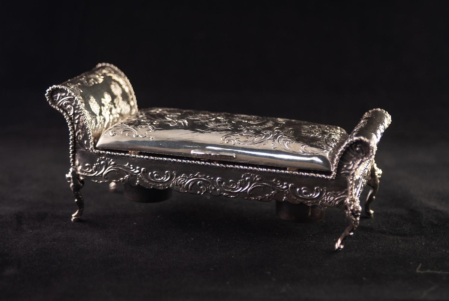 A LATE NINETEENTH CENTURY CONTINENTAL SILVER INKSTAND in the form of scroll ended stool, stamped - Image 3 of 6