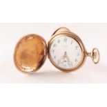 ELGIN, USA, ROLLED GOLD FULL HUNTER POCKET WATCH with keyless movement, white Arabic dial with