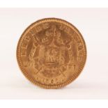 NAPOLEON III FRENCH 20 FRANC GOLD COIN, 1862, (EF), 6.4gms