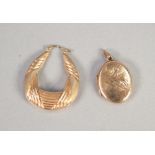 A SINGLE 9ct GOLD FANCY HOOP EARRING, 1.7gms AND A SMALL ENGRAVED OVAL LOCKET PENDANT with 9ct