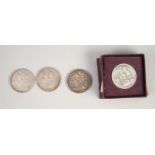 THREE VICTORIAN SILVER CROWN COINS, old head, 1889, 1891 and 1891 and a George VI FESTIVAL OF