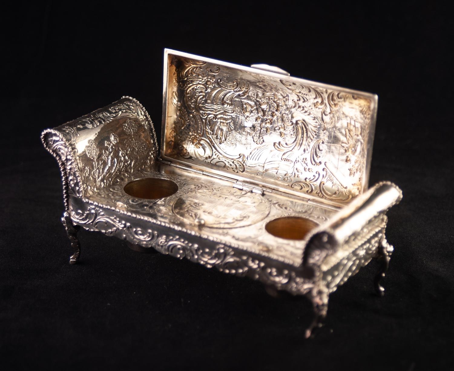A LATE NINETEENTH CENTURY CONTINENTAL SILVER INKSTAND in the form of scroll ended stool, stamped - Image 4 of 6