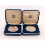 TWO ELIZABETH II UK ROYAL MINT STERLINE SILVER PROOF CROWNS commemorating the marriage of HRH the
