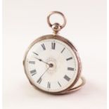 LADY'S VICTORIAN SILVER OPEN FACED POCKET WATCH with keywind movement, white Roman dial, engraved