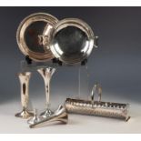 ELECTROPLATED MUFFIN DISH AND COVER, with gadrooned border, togther with a PAIR OF TRUMPET VASES,