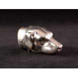 925 MARK SILVER COLOURED METAL HOUNDS HEAD VESTA BOX hinged at the neck the oval lid banded as a dog