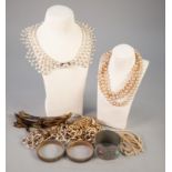 PEWTER CUFF BANGLE SET WITH PASTE, IMITATION PEARL EARRINGS, AN EVENING BAG, FIVE DECORATIVE HAIR