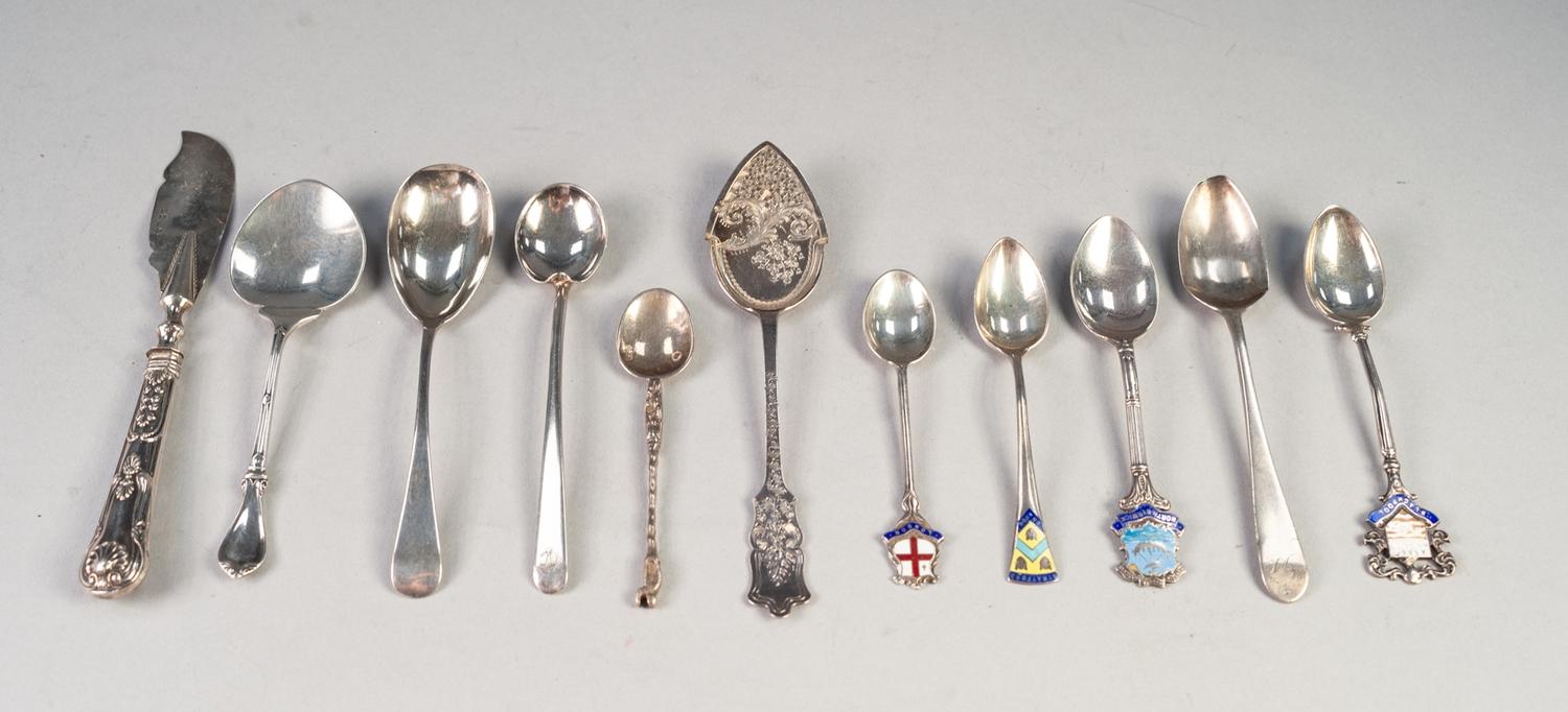 SIX VARIOUS SILVER SMALL SPOONS, includes; PRESERVES SPOON with foliate and scroll decoration,