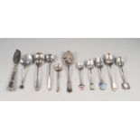 SIX VARIOUS SILVER SMALL SPOONS, includes; PRESERVES SPOON with foliate and scroll decoration,