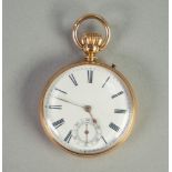 GOOD QUALITY 19th CENTURY 18K GOLD OPEN FACED POCKET WATCH WITH KEYLESS MOVEMENT, white Roman dial