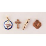 ENAMELLED COMPASS PENDANT, stamped '750', A WHISTLE PENDANT, A 9ct GOLD CROSS PENDANT AND A 9ct GOLD