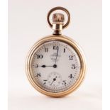 WALTHAM 'TEMPUS' ROLLED GOLD OPEN FACED POCKET WATCH with keyless 7 jewel movement, white Arabic