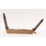 PENKNIFE WITH ENGINE TURNED 9ct GOLD HANDLE AND HANGER, with two steel blades, 3" (7.6cm) long