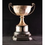 MID 20th CENTURY SILVER TWO HANDLE CROWN GREEN BOWLING TROPHY CUP with scroll handles capped with