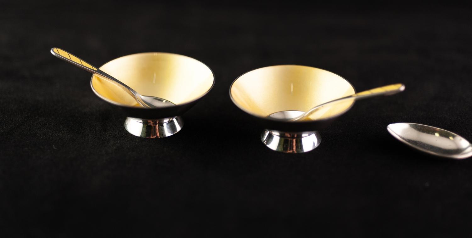 PAIR MID 20th century SILVER AND ENAMELLED CIRCULAR OPEN SALTS AND SPOONS yellow interior to the - Image 2 of 4