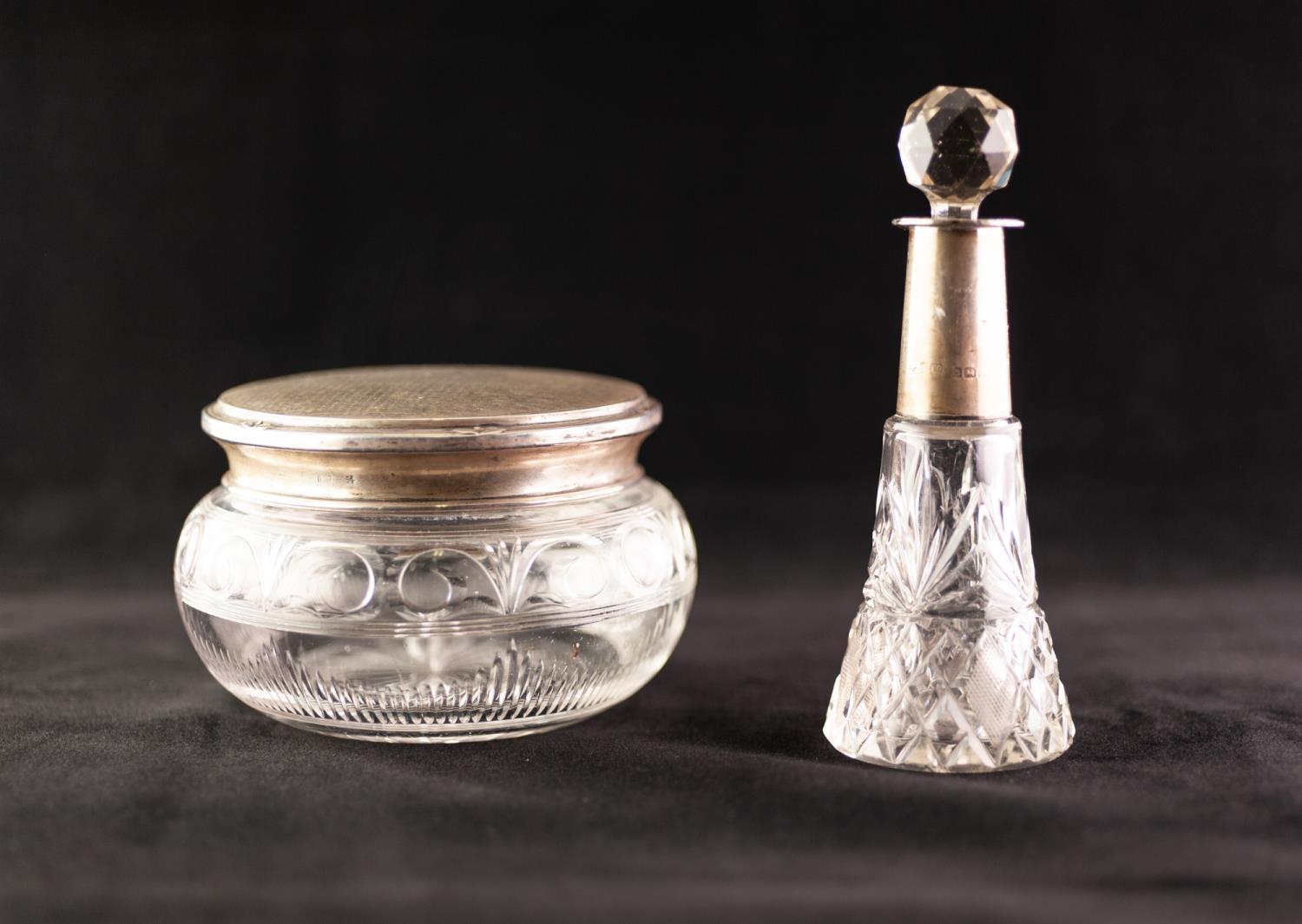 CIRCA 1930's CUT GLASS POWDER BOWL with push on engine turned silver lid, maker Walker & Hall