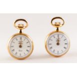 TWO HALCYON DAYS GOLD PLATED FOB WATCHES with white roman dials, enamelled backs, quality movements