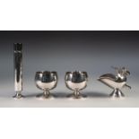 ELECTROPLATED SUGAR SCOOP AND SPOON, together with a PAIR OF GOBLETS and a BUD VASE, (4)