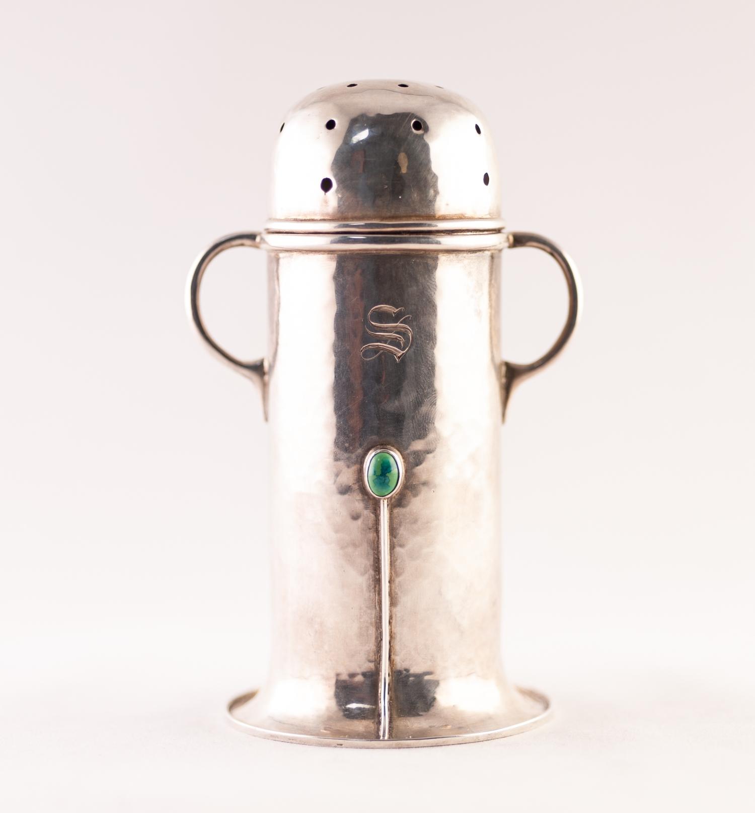 EDWARDIAN ARTS & CRAFTS PLANISHED SILVER TOW HANDLED SUGAR CASTOR OF LIGHTHOUSE PATTERN, with