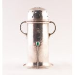 EDWARDIAN ARTS & CRAFTS PLANISHED SILVER TOW HANDLED SUGAR CASTOR OF LIGHTHOUSE PATTERN, with