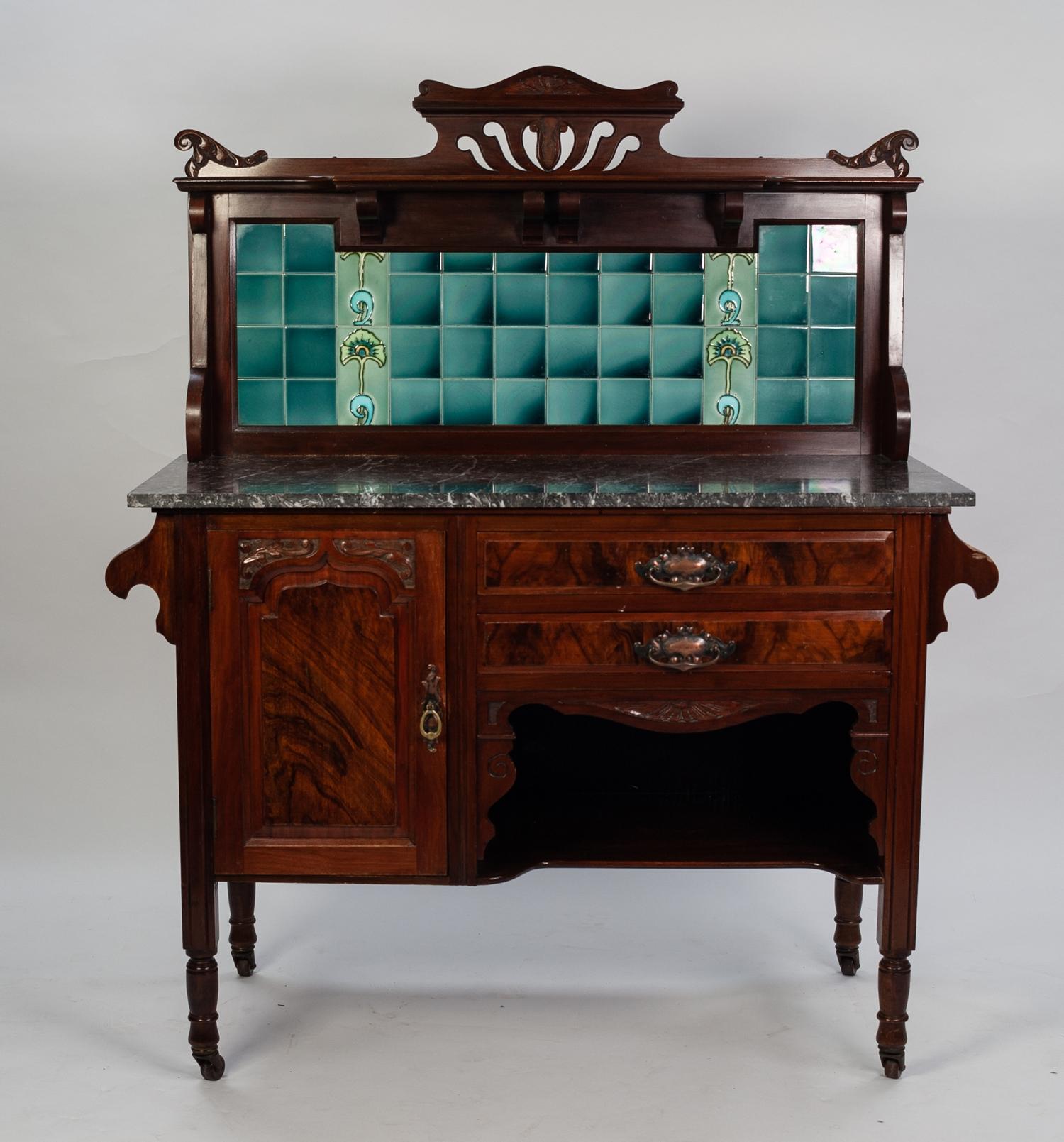 VICTORIAN MAHOGANY WASHSTAND WITH GREEN TILED RAISED BACK, GREY MARBLE TOP, TWO CENTRE DRAWERS