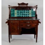 VICTORIAN MAHOGANY WASHSTAND WITH GREEN TILED RAISED BACK, GREY MARBLE TOP, TWO CENTRE DRAWERS