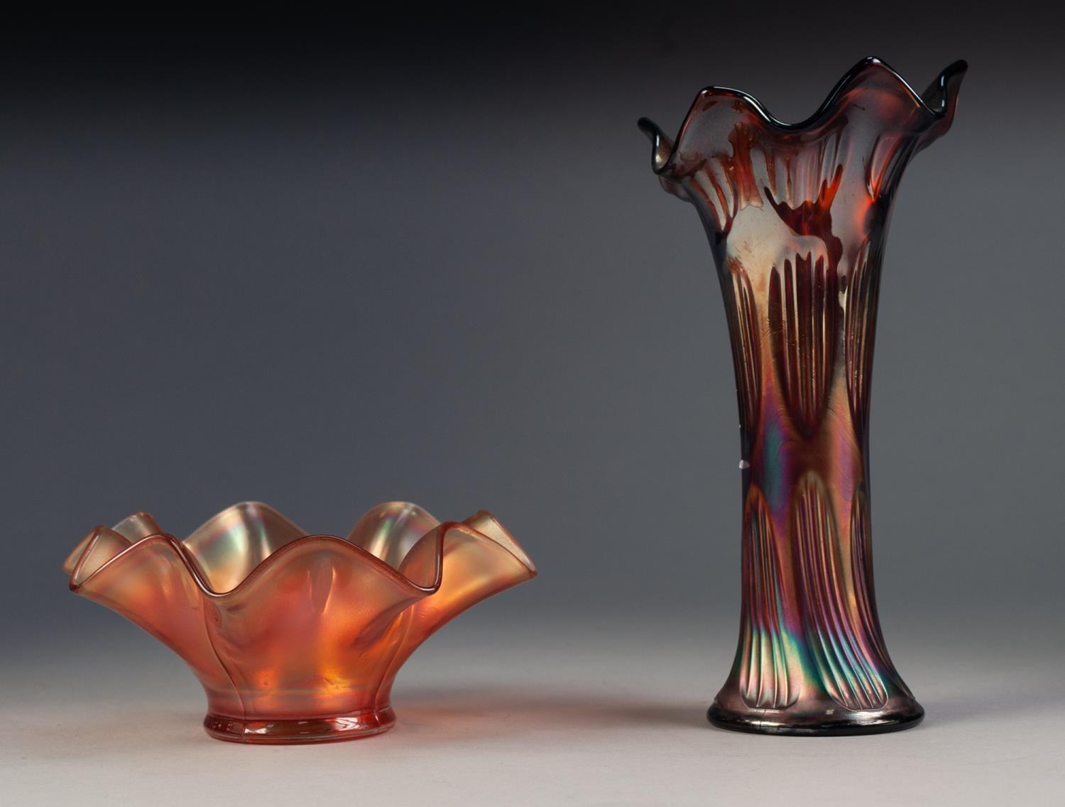 TWO PIECES OF ORANGE CARNIVAL GLASS WITH WAVY RIMS, comprising: WAISTED VASE, 9? (22.8cm) high,