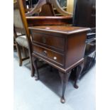 WALNUT SEWING TABLE WITH HINGED LIFT TOP ENCLOSING A LIFT-OUT TRAY, DRAWER BELOW, ON CABRIOLE