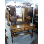 JACOBEAN STYLE DRESSING TABLE WITH OBLONG BEVELLED EDGE SWING MIRROR, TWO FLANKED BY TWO JEWELLERY