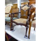 EDWARDIAN ROCOCO CARVED DARK MAHOGANY DINING ROOM OPEN ARMCHAIR AND TWO SINGLE CHAIRS ENSUITE (3)