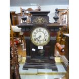 EARLY 20th CENTURY DARK STAINED WOODEN CASED MANTEL OR SHELF CLOCK, the dial marked 'Made in China',