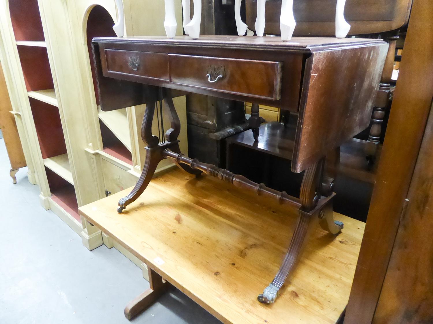 A MAHOGANY REPRODUCTION SOFA TABLE, ON LYRE SUPPORTS