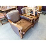 PAIR OF EARLY OAK FRAMED ARMCHAIRS WITH UPHOLSTERED BACKS AND SEATS WITH LOOSE SEAT CUSHIONS, OAK