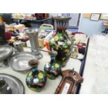 TRIO OF CLOISONNE VASES, ONE LARGE AND A SMALLER PAIR, BLACK GROUND WITH YELLOW AND PINK FLORAL