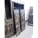 A MID TWENTIETH CHINESE BLACK LACQUEUR KITCHEN CUPBOARD, HAVING TWO DOORS, WITH ELABORATE DETAIL