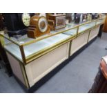 THREE LARGE SHOP DISPLAY CABINETS WITH GLASS UPPER SECTIONS AND A MATCHING CORNER UNIT (4)