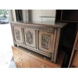 JACOBEAN STYLE CARVED OAK THREE PANEL FRONT BLANKET CHEST