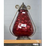 ?LARGE WROUGHT IRON CANDELABRUM WITH TEAR SHAPED RUBY GLASS TILED BODY AND A MODERN GREEN CANVAS AND
