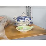 VICTORIAN ?CHATSWORTH? PATTERN BLUE AND WHITE POTTERY OVAL SAUCE TUREEN WITH COVER, LADLE AND STAND,