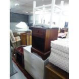 MAHOGANY BEDSIDE PEDESTAL WITH ONE DRAWER, A MODERN OCCASIONAL TABLE WITH PERIODICAL RACK, A WHITE